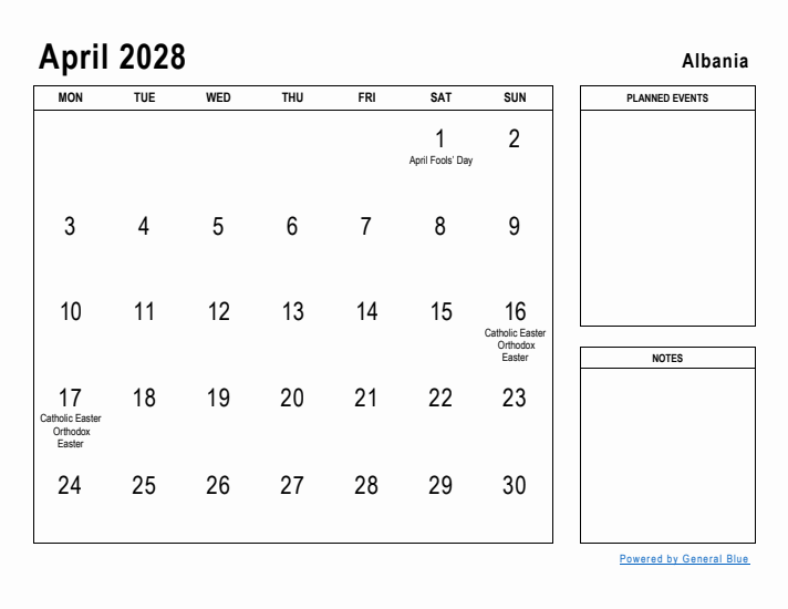 April 2028 Printable Monthly Calendar with Albania Holidays