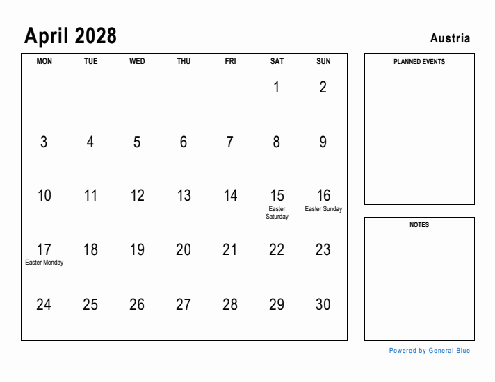 April 2028 Printable Monthly Calendar with Austria Holidays