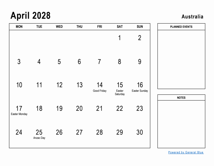 April 2028 Printable Monthly Calendar with Australia Holidays