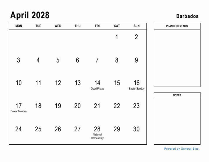 April 2028 Printable Monthly Calendar with Barbados Holidays