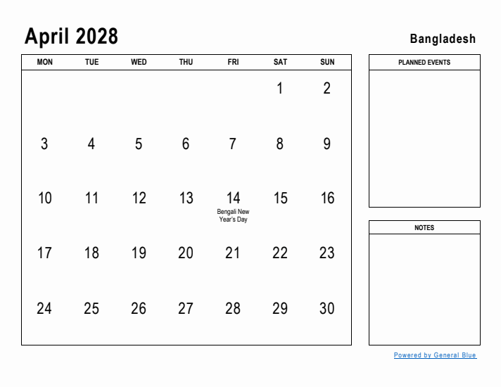 April 2028 Printable Monthly Calendar with Bangladesh Holidays