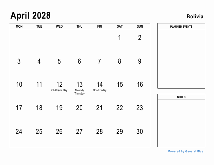 April 2028 Printable Monthly Calendar with Bolivia Holidays