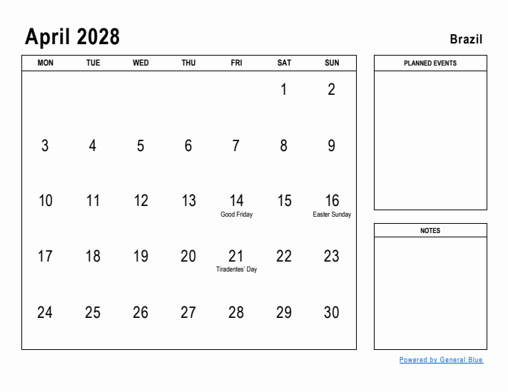 April 2028 Printable Monthly Calendar with Brazil Holidays