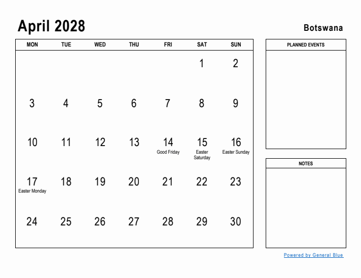 April 2028 Printable Monthly Calendar with Botswana Holidays