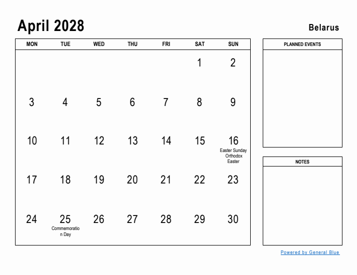 April 2028 Printable Monthly Calendar with Belarus Holidays