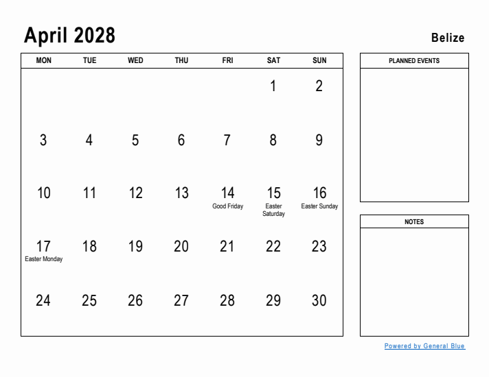 April 2028 Printable Monthly Calendar with Belize Holidays