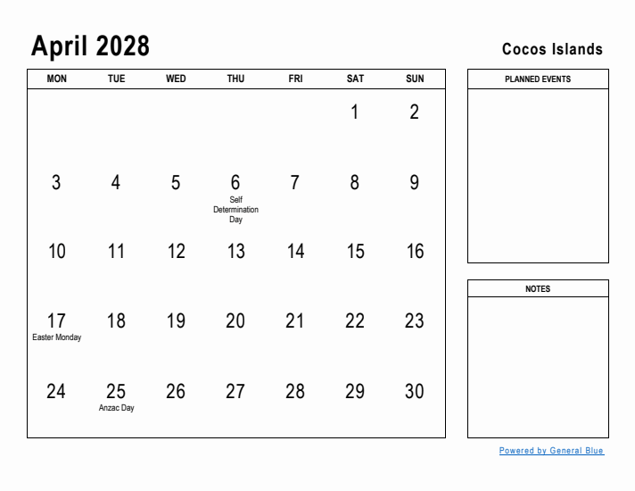 April 2028 Printable Monthly Calendar with Cocos Islands Holidays