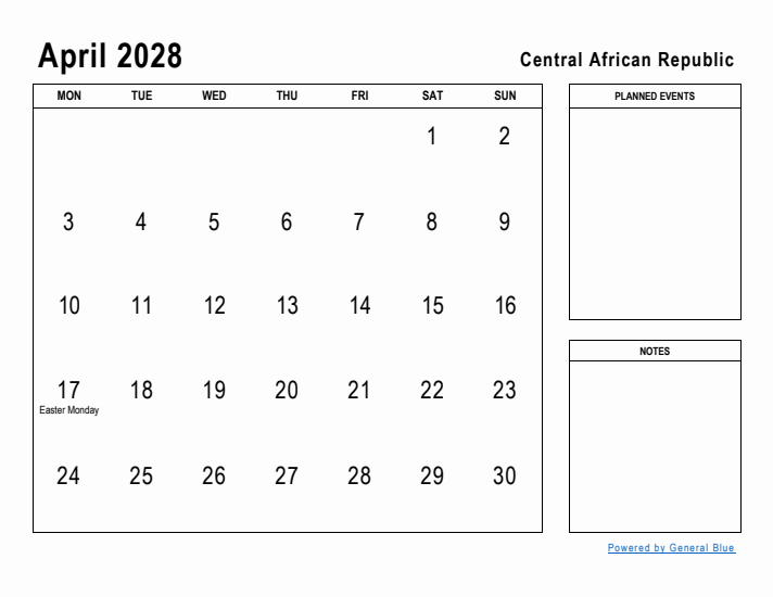 April 2028 Printable Monthly Calendar with Central African Republic Holidays