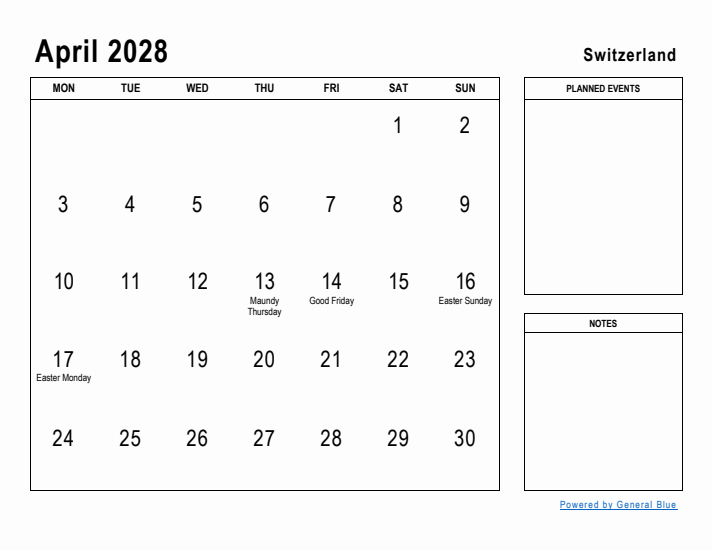 April 2028 Printable Monthly Calendar with Switzerland Holidays