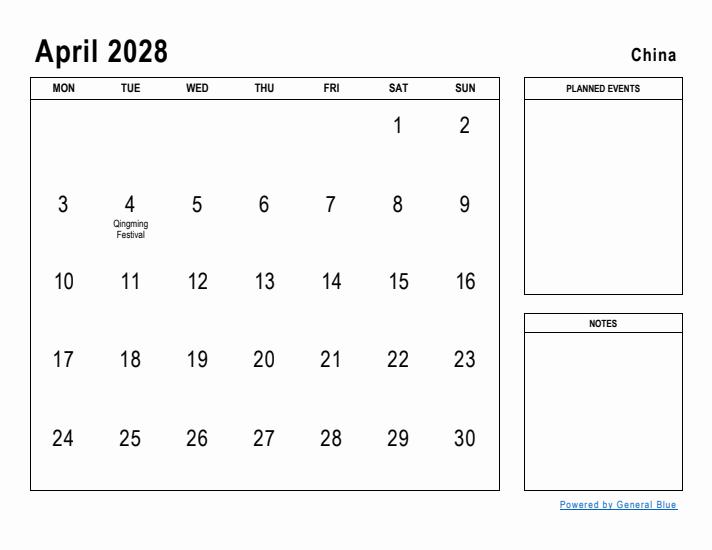 April 2028 Printable Monthly Calendar with China Holidays