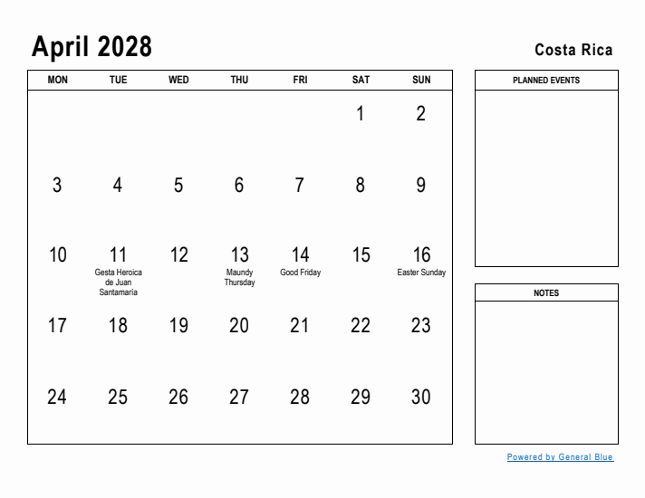 April 2028 Printable Monthly Calendar with Costa Rica Holidays