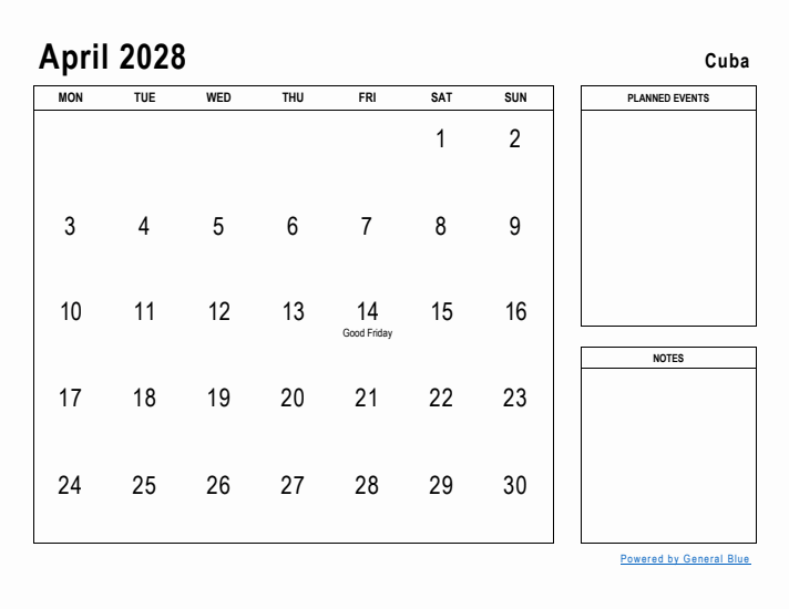 April 2028 Printable Monthly Calendar with Cuba Holidays