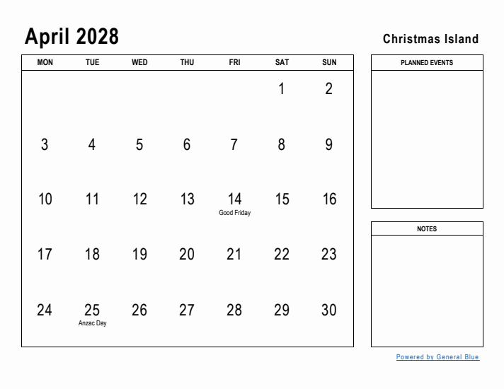 April 2028 Printable Monthly Calendar with Christmas Island Holidays