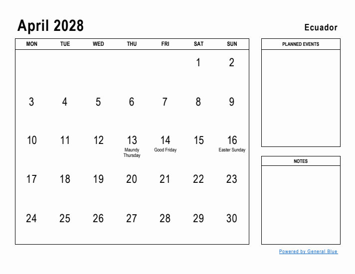 April 2028 Printable Monthly Calendar with Ecuador Holidays