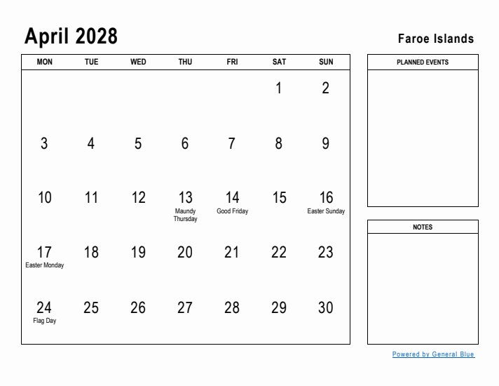 April 2028 Printable Monthly Calendar with Faroe Islands Holidays