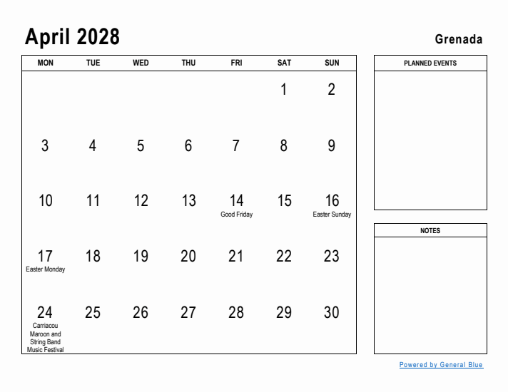 April 2028 Printable Monthly Calendar with Grenada Holidays