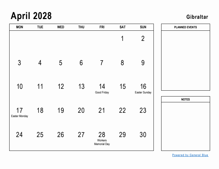 April 2028 Printable Monthly Calendar with Gibraltar Holidays