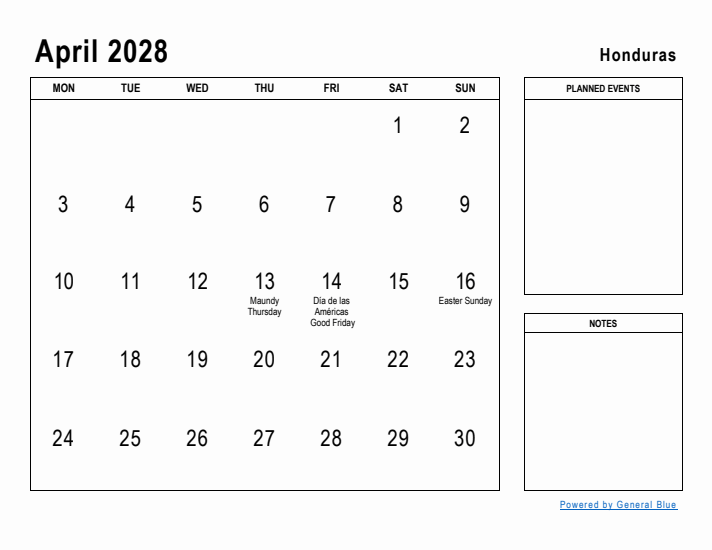 April 2028 Printable Monthly Calendar with Honduras Holidays