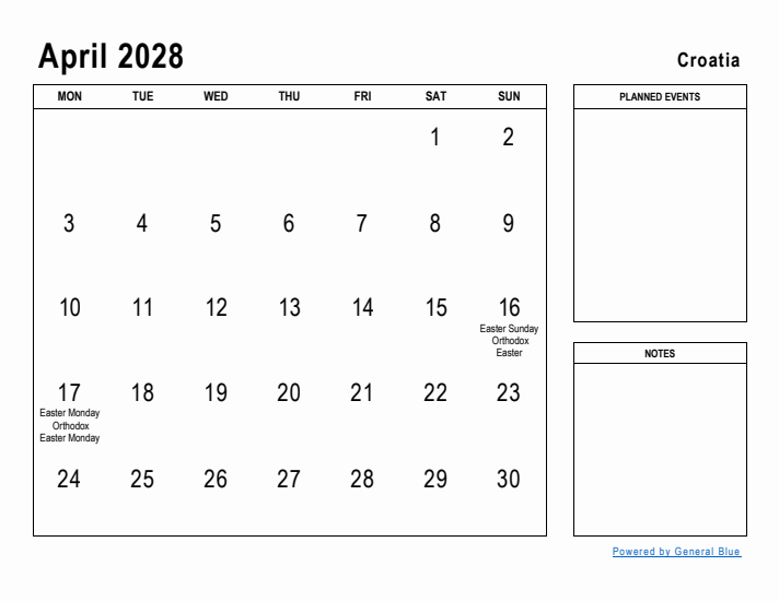 April 2028 Printable Monthly Calendar with Croatia Holidays