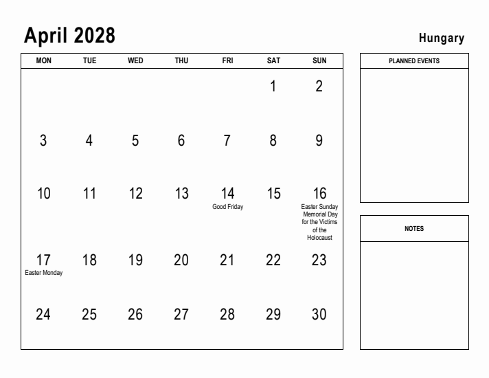 April 2028 Printable Monthly Calendar with Hungary Holidays