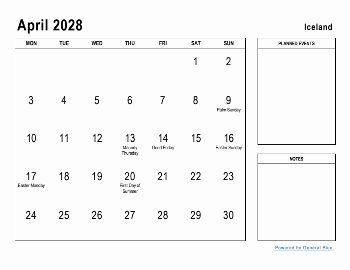 April 2028 Printable Monthly Calendar with Iceland Holidays