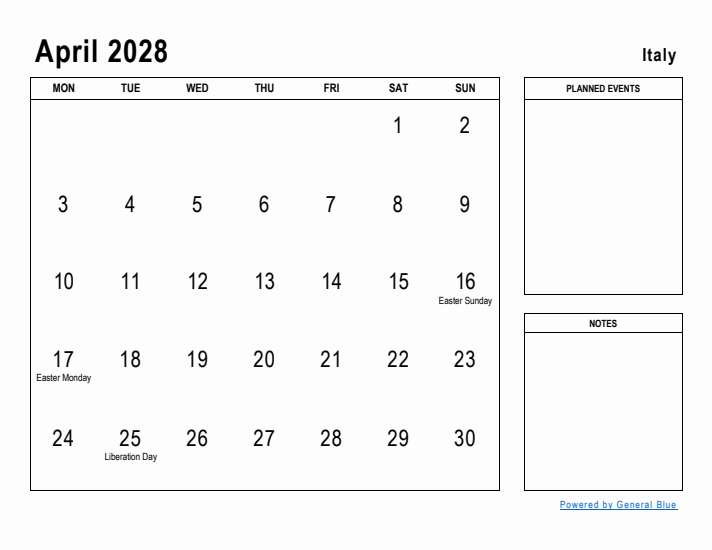 April 2028 Printable Monthly Calendar with Italy Holidays