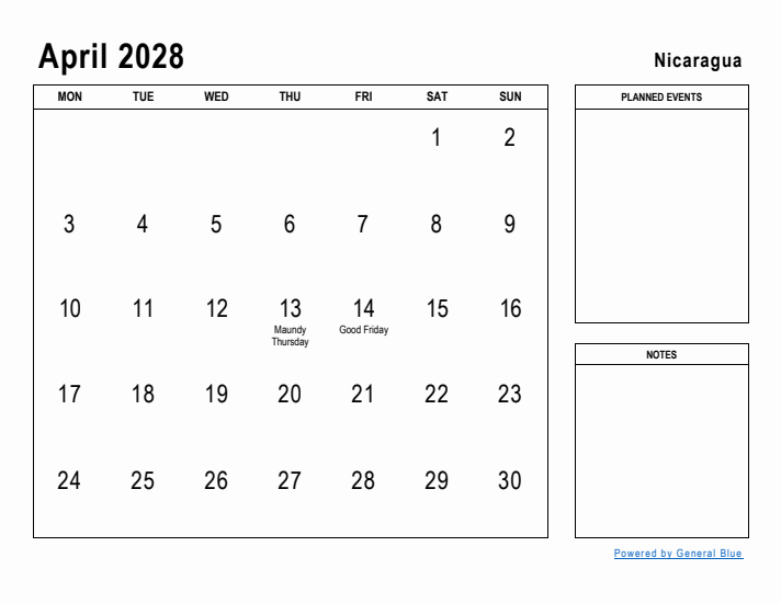 April 2028 Printable Monthly Calendar with Nicaragua Holidays