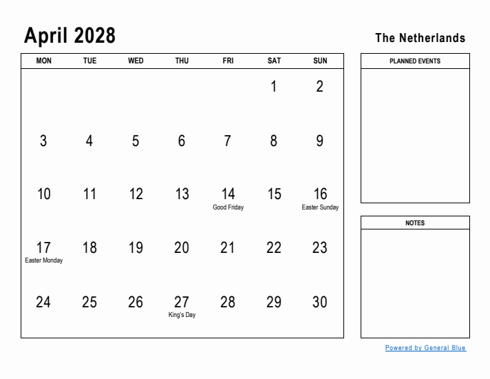 April 2028 Printable Monthly Calendar with The Netherlands Holidays