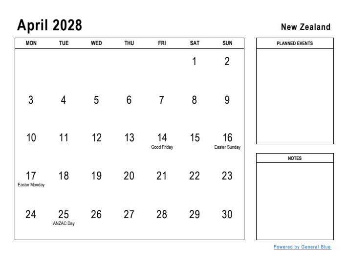 April 2028 Printable Monthly Calendar with New Zealand Holidays