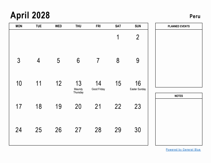 April 2028 Printable Monthly Calendar with Peru Holidays