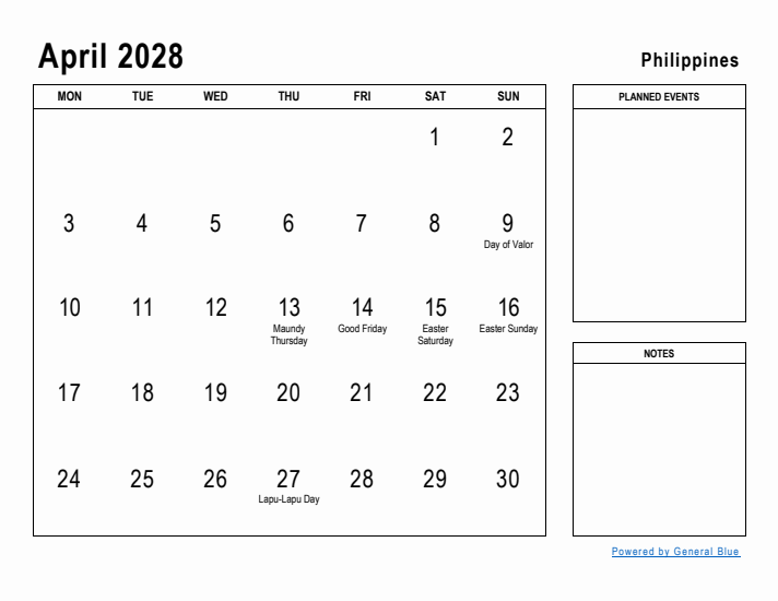 April 2028 Printable Monthly Calendar with Philippines Holidays