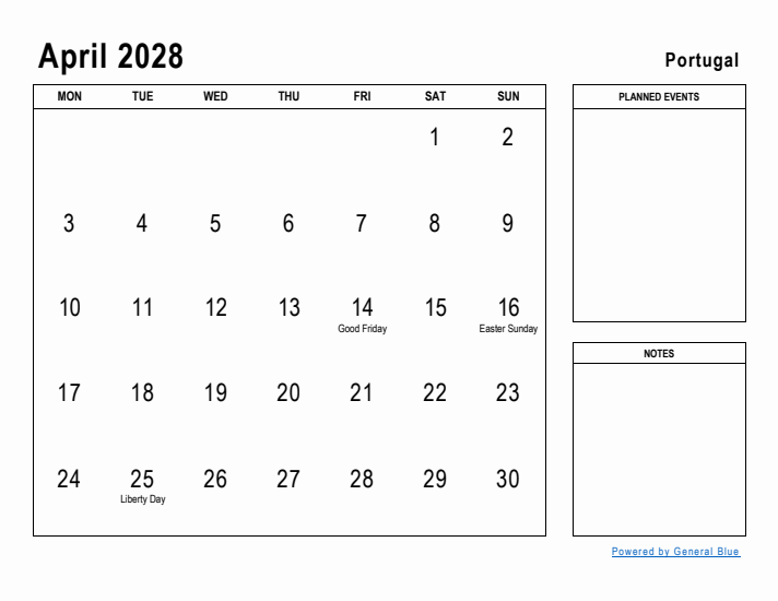 April 2028 Printable Monthly Calendar with Portugal Holidays