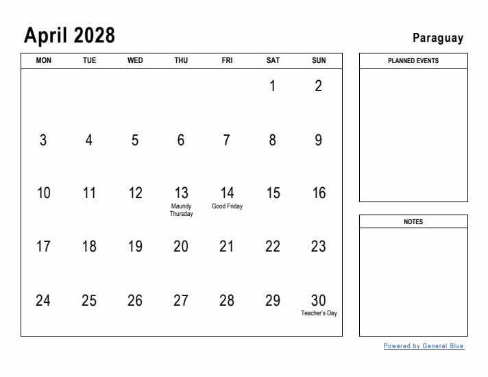 April 2028 Printable Monthly Calendar with Paraguay Holidays