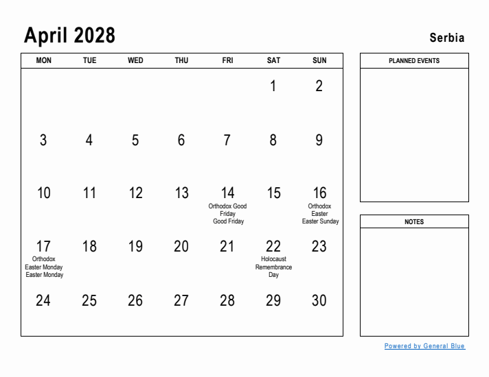 April 2028 Printable Monthly Calendar with Serbia Holidays