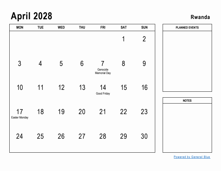 April 2028 Printable Monthly Calendar with Rwanda Holidays