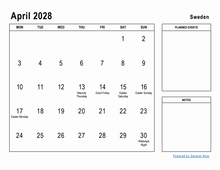 April 2028 Printable Monthly Calendar with Sweden Holidays