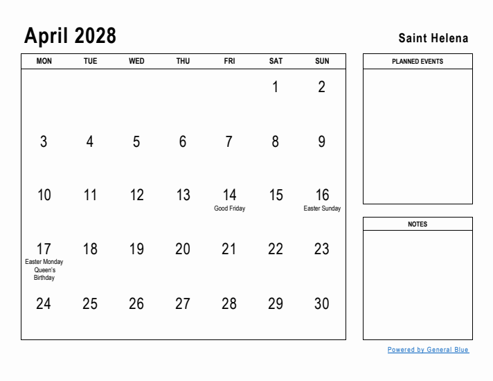 April 2028 Printable Monthly Calendar with Saint Helena Holidays