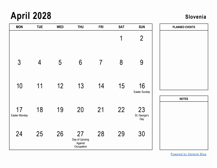 April 2028 Printable Monthly Calendar with Slovenia Holidays