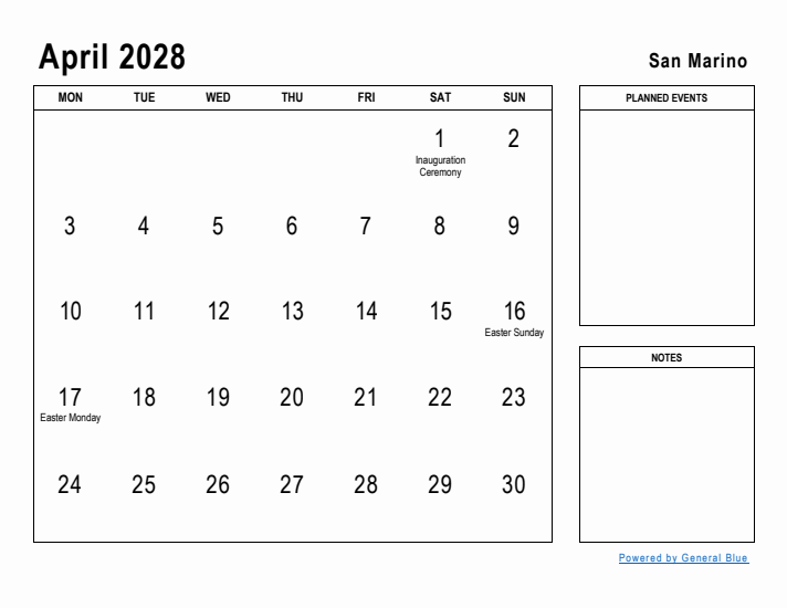 April 2028 Printable Monthly Calendar with San Marino Holidays