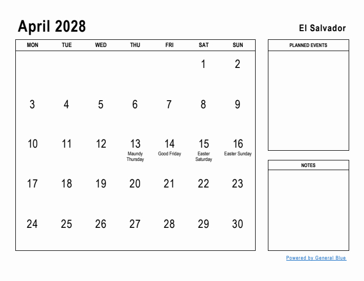 April 2028 Printable Monthly Calendar with El Salvador Holidays