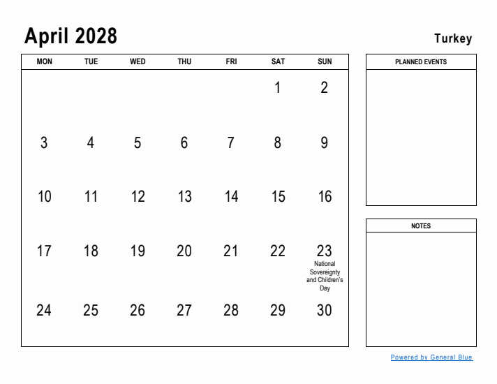 April 2028 Printable Monthly Calendar with Turkey Holidays