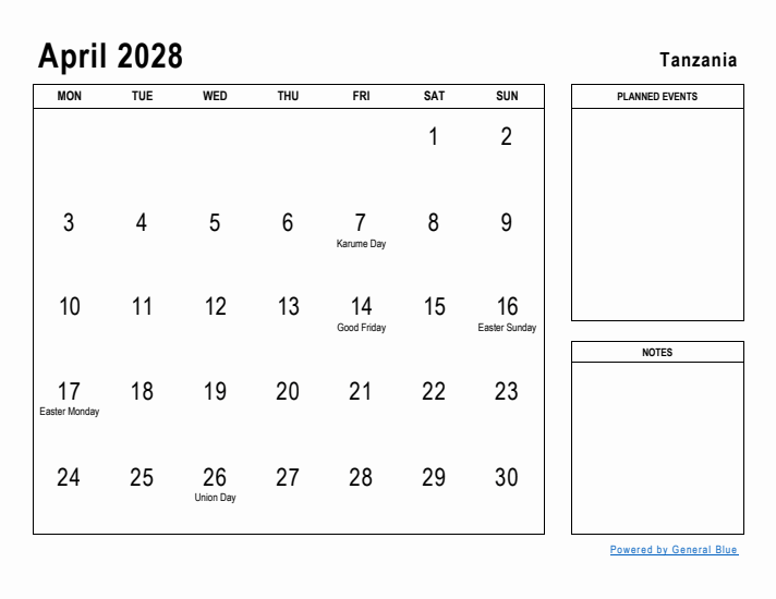 April 2028 Printable Monthly Calendar with Tanzania Holidays