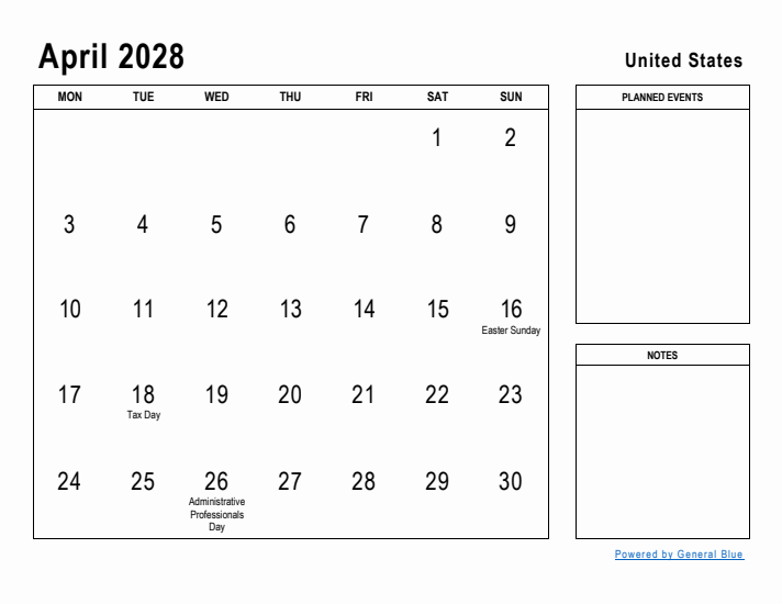 April 2028 Printable Monthly Calendar with United States Holidays