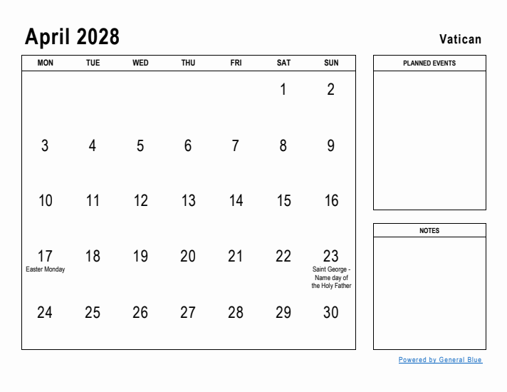 April 2028 Printable Monthly Calendar with Vatican Holidays