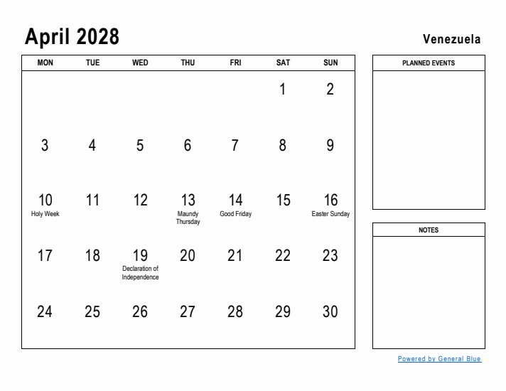 April 2028 Printable Monthly Calendar with Venezuela Holidays