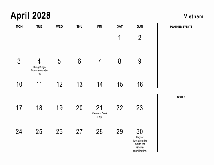 April 2028 Printable Monthly Calendar with Vietnam Holidays