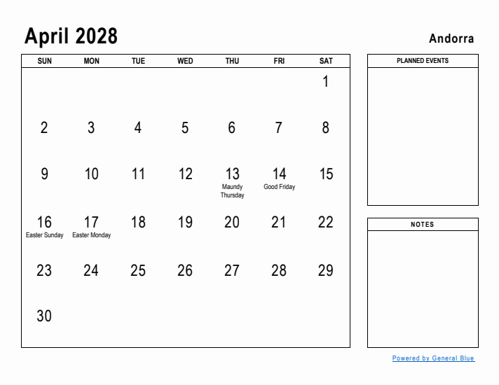 April 2028 Printable Monthly Calendar with Andorra Holidays