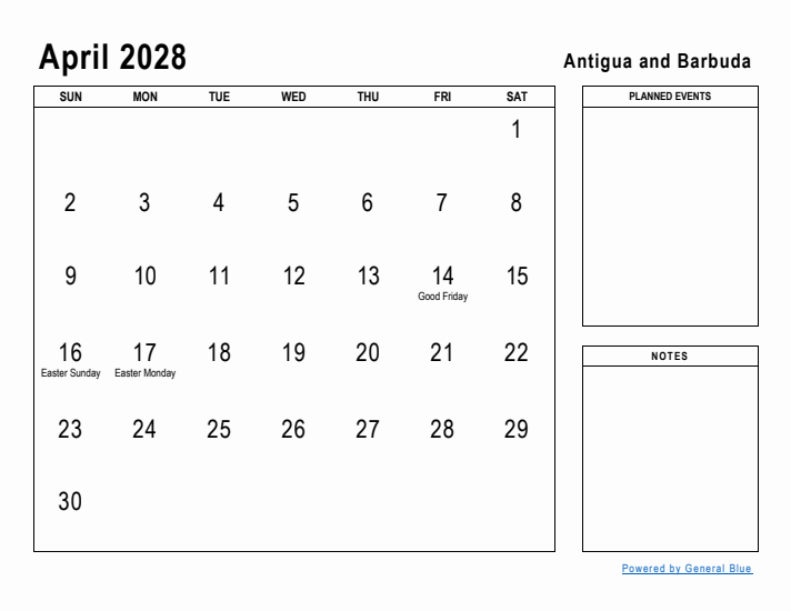 April 2028 Printable Monthly Calendar with Antigua and Barbuda Holidays