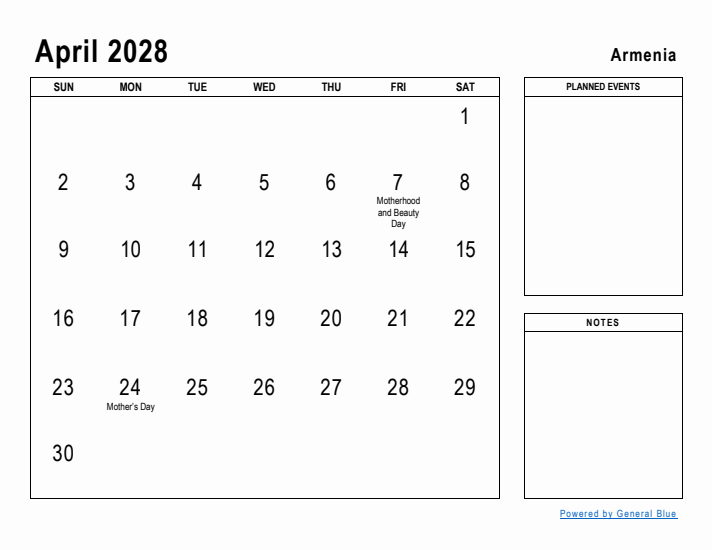 April 2028 Printable Monthly Calendar with Armenia Holidays