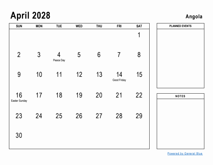 April 2028 Printable Monthly Calendar with Angola Holidays